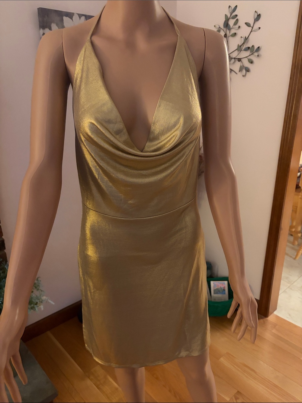 Gold Halter Cowl Neck Mini Dress